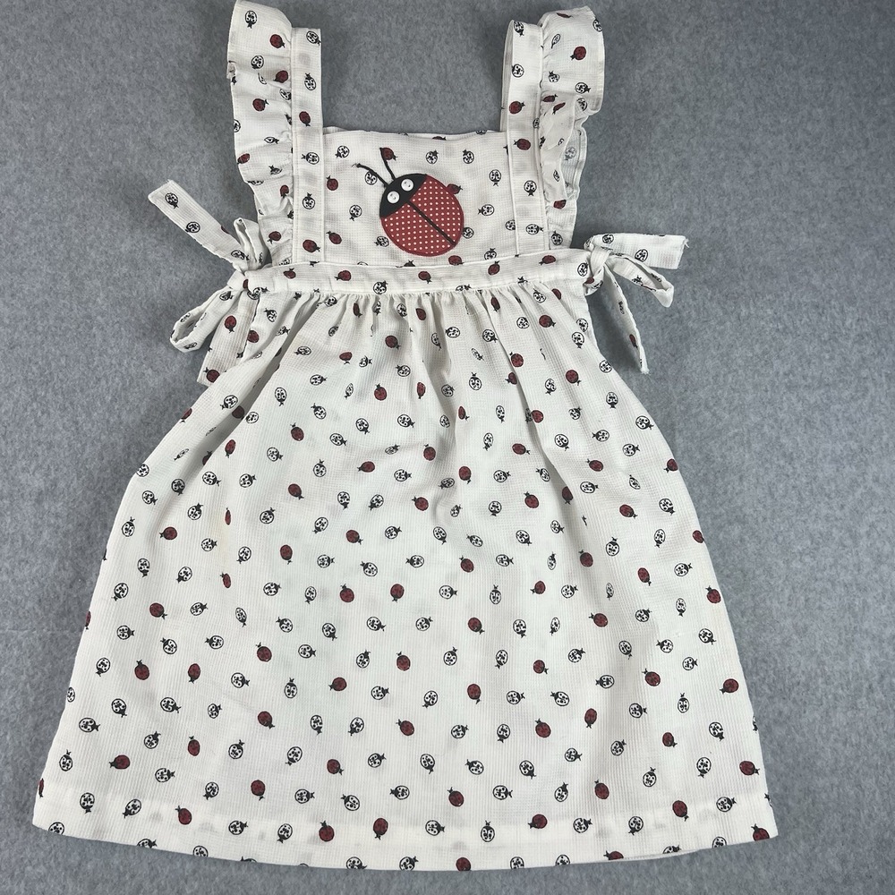 Vintage White Lady Bug Jumper Dress Made In USA Size 6X Adjustable Side Tie Ruth